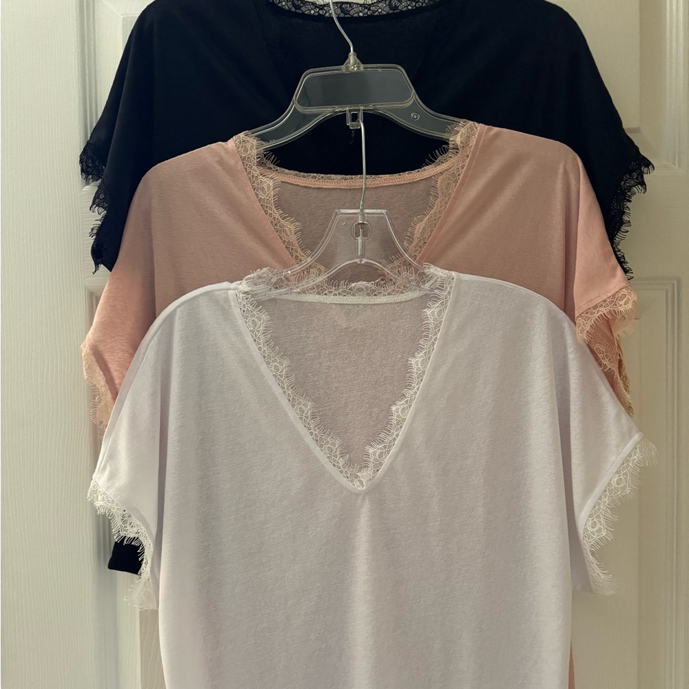 Three Lace V-neck Tee’s:  black, pink & white w lace around neck & sleeve